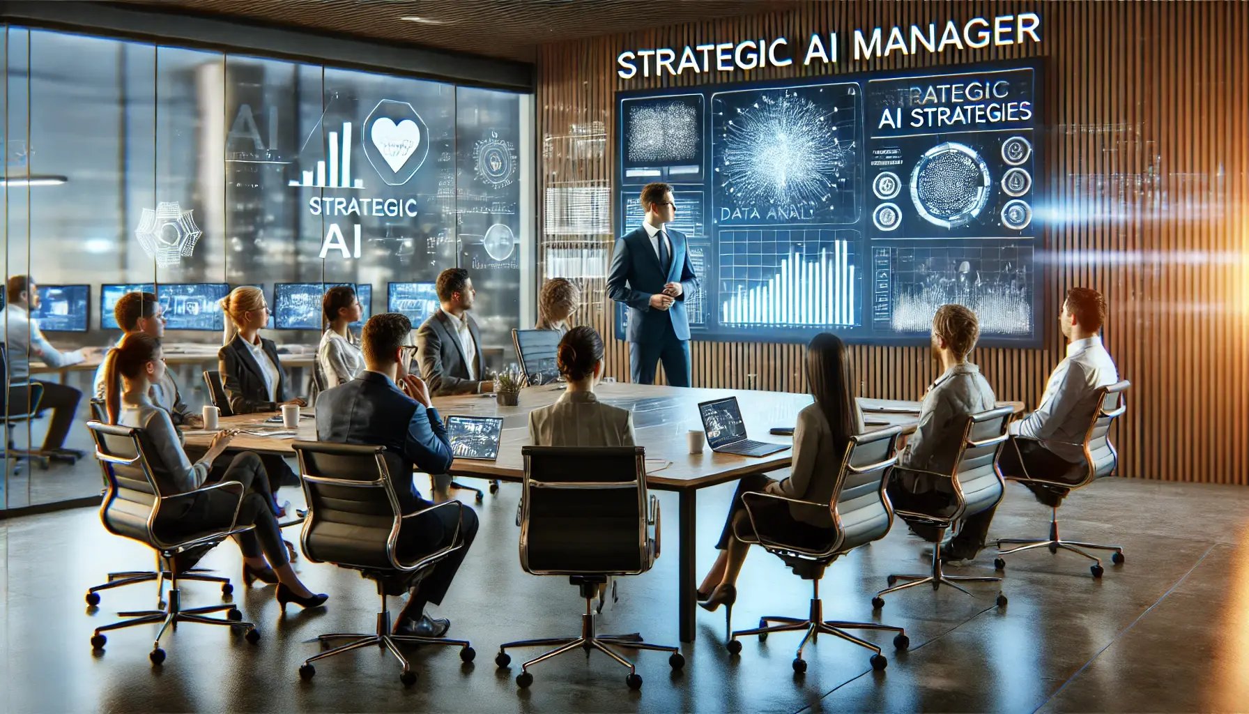 DALL·E 2024-07-22 22.07.15 - A modern office setting with a strategic AI manager leading a meeting. The manager, a well-dressed professional, is presenting to a diverse team with  DALL·E 2024-07-22 22.07.15 - A modern office setting with a strategic AI manager leading a meeting. The manager, a well-dressed professional, is presenting to a diverse team with